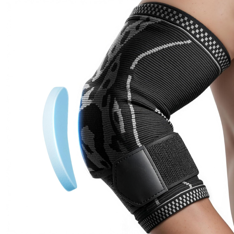 Padded elbow support brace with adjustable strap and impact pad
