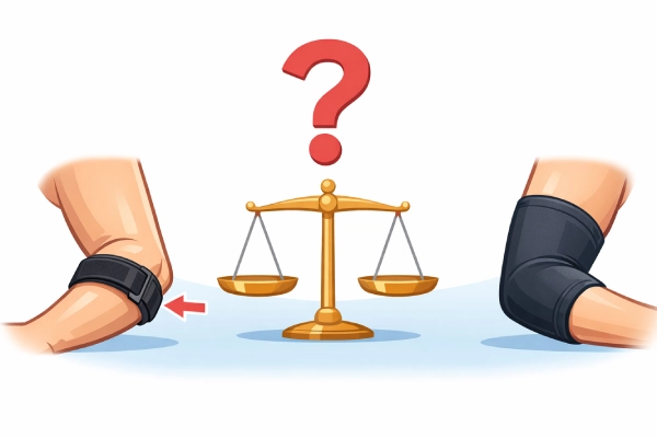 Elbow strap versus elbow sleeve comparison with question mark symbol