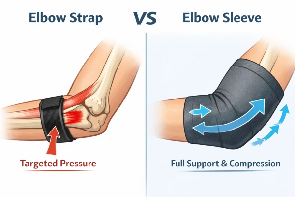 Elbow strap vs sleeve infographic showing targeted pressure versus broad compression
