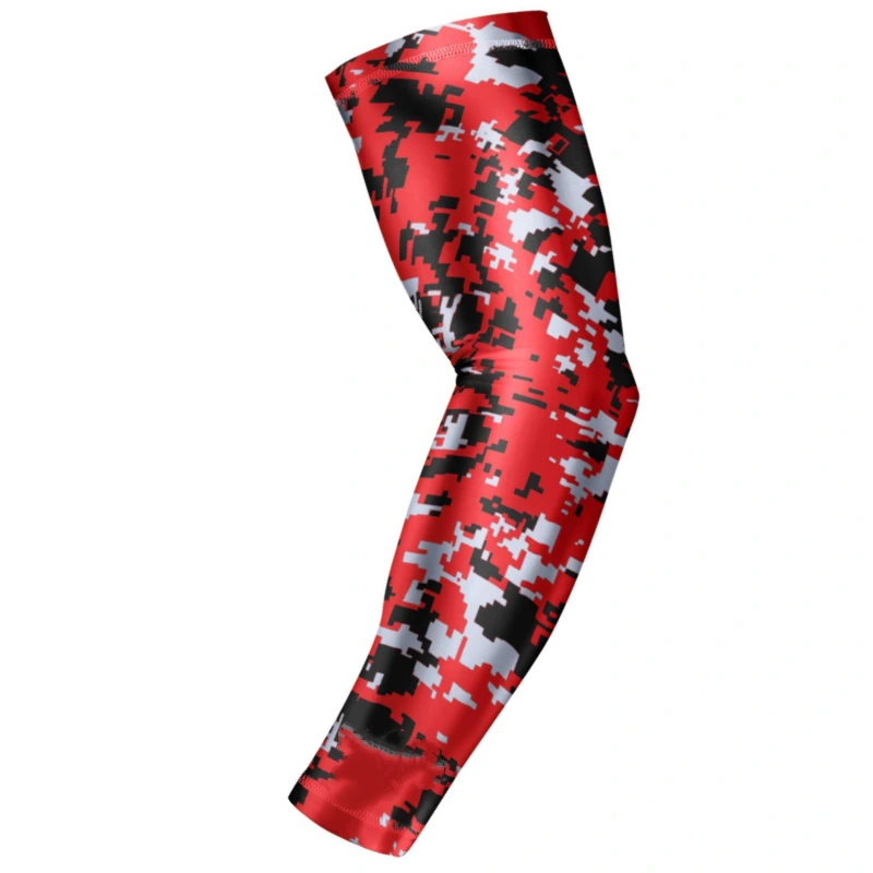 Custom Football Arm Sleeve with red camo pattern, lightweight compression for private label programs
