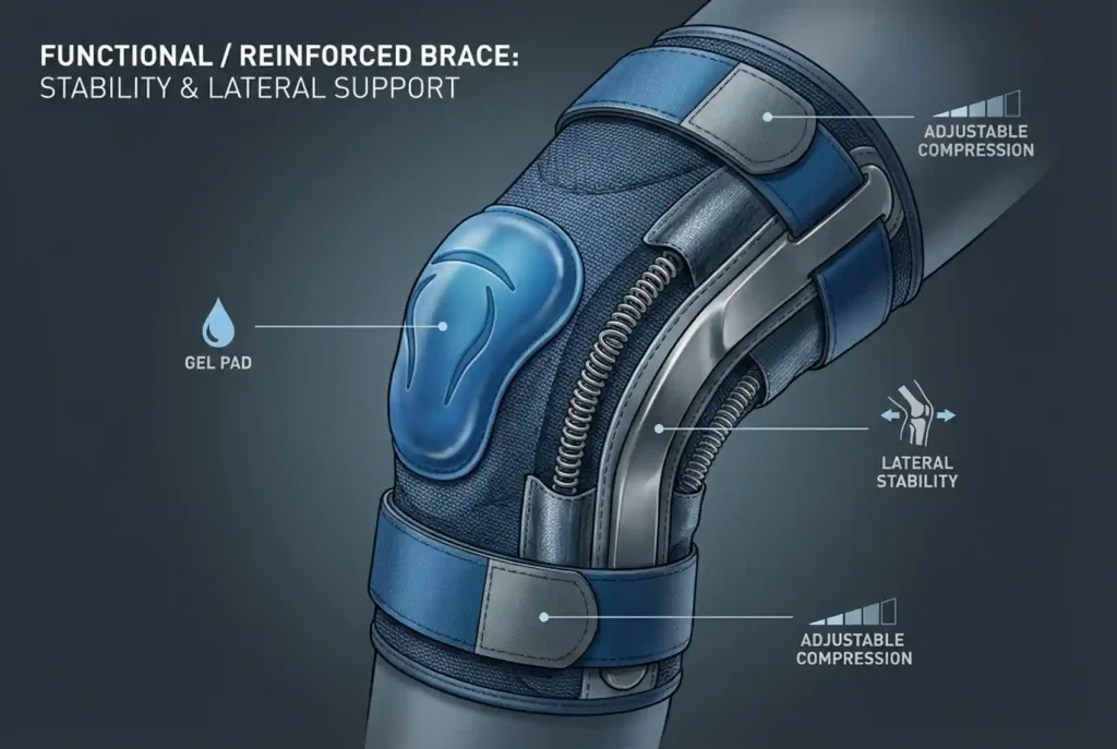 Functional knee brace close-up showing side stabilizers, patella gel pad, and adjustable straps