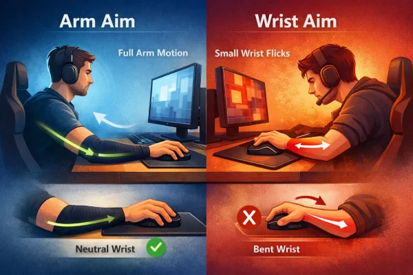 Gaming arm sleeve diagram comparing arm aim neutral wrist versus wrist aim bent wrist