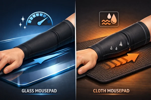 Gaming arm sleeve gliding on glass pad versus cloth pad surface