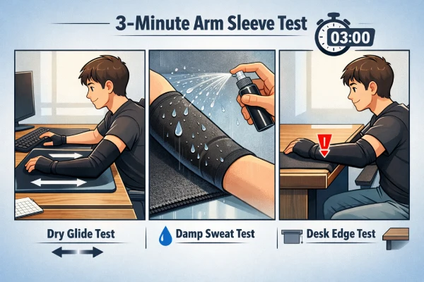 Gaming arm sleeve home test_ dry swipes, damp check, desk-edge contact