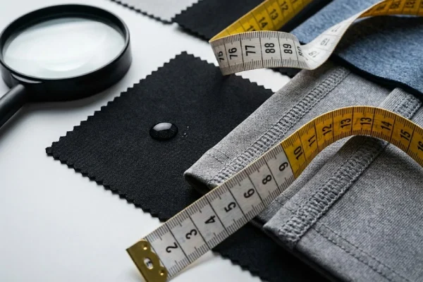 Gaming sleeve fabric quality check using a magnifying glass and tailor's soft tape measure