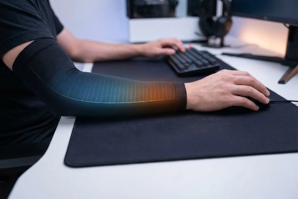 Gaming sleeve infographic visualization showing medical-grade mmHg pressure on the forearm