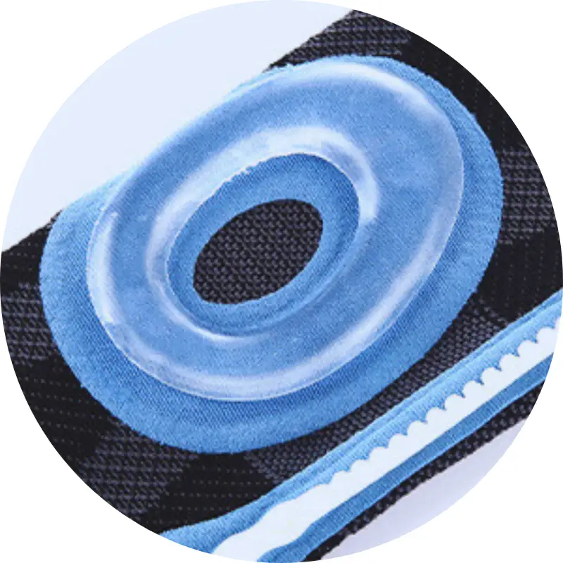 Close-up view of the 3D Silicone Pad integrated into a blue and black Knee Sleeve product detail
