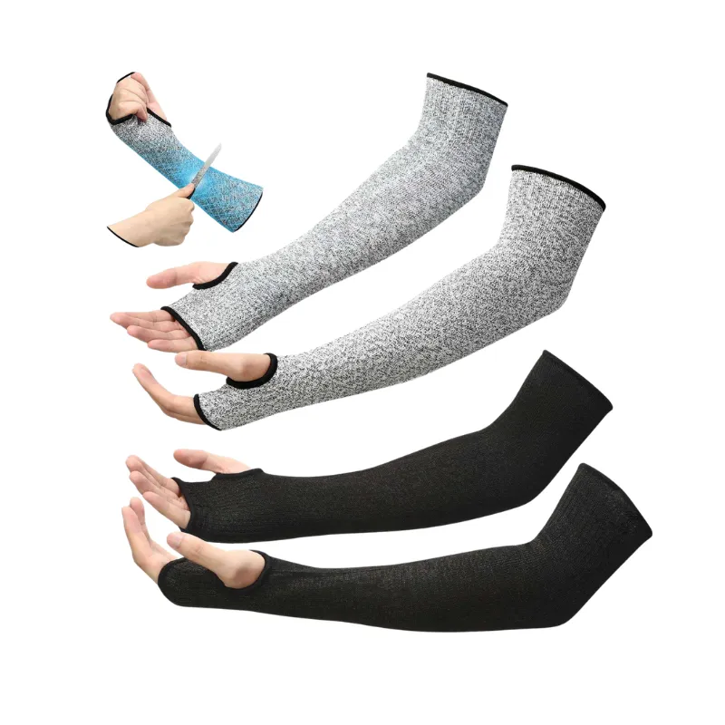 Grey and black cut resistant arm sleeves demonstrating knife blade protection