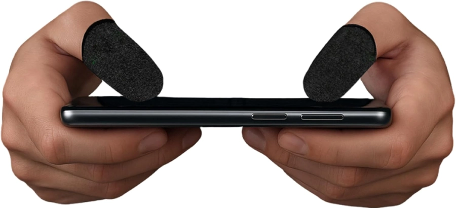 Hands using different gaming finger sleeves optimized for FPS, MOBA, and rhythm mobile games