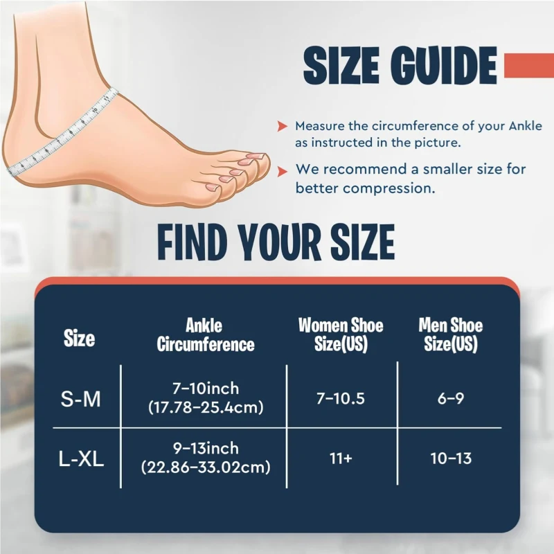 Hot and cold ankle compression sleeve size guide illustrating ankle measurement and fit options