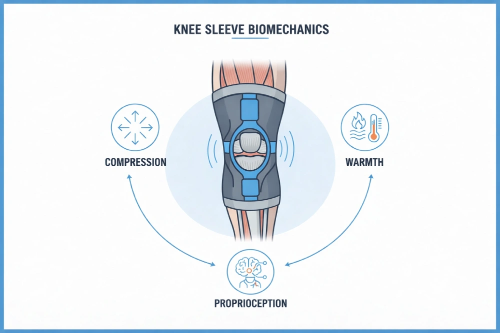 Illustration of how a knee sleeve provides compression, warmth and proprioception to support the knee joint