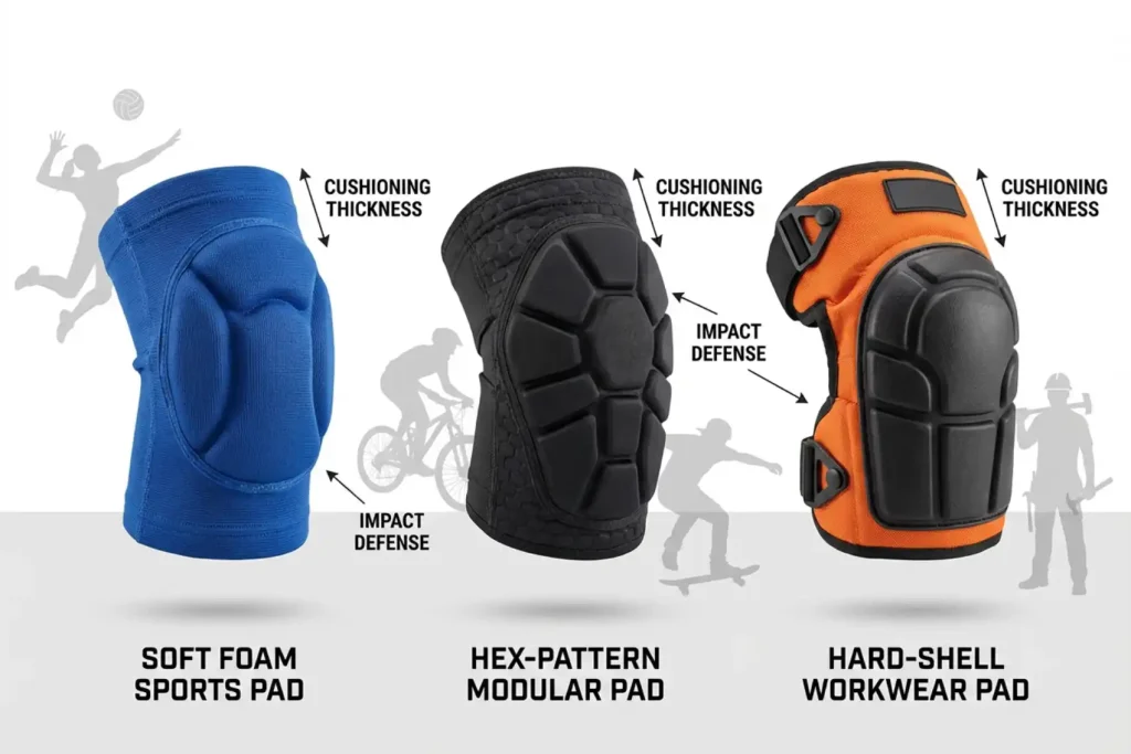 Impact protection knee pads range featuring foam, hex cushioning, and hard-shell workwear designs