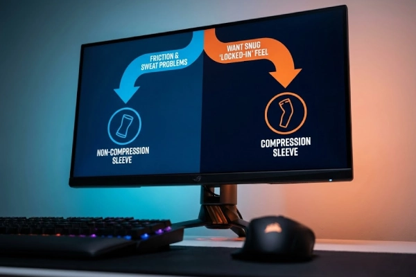 Infographic decision guide on a monitor comparing compression versus non-compression gaming sleeves