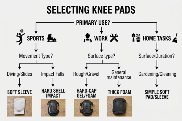 Infographic guide flowchart for selecting the proper knee pads based on use surface and activity type