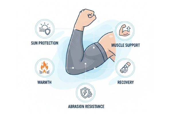 Infographic showing key functions of arm sleeves for protection, support, and recovery