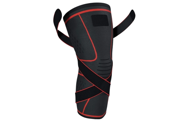 Black Knee Sleeve with Straps featuring red trim for support and compression