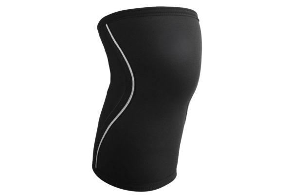 Black compression knee sleeve with white stitching, designed for squats and weightlifting support