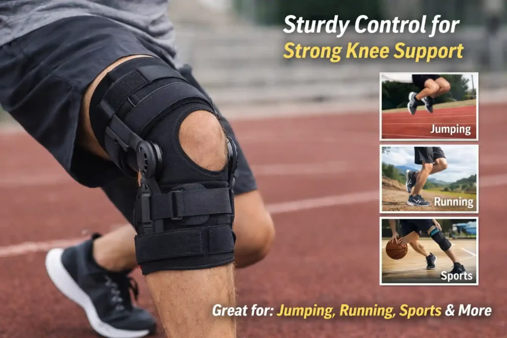Knee brace providing strong knee support and stability during running and sports activity