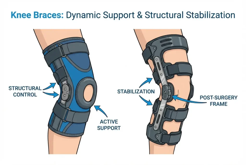 Knee braces comparison illustrating hybrid sports brace versus rigid post-surgery exoskeleton support