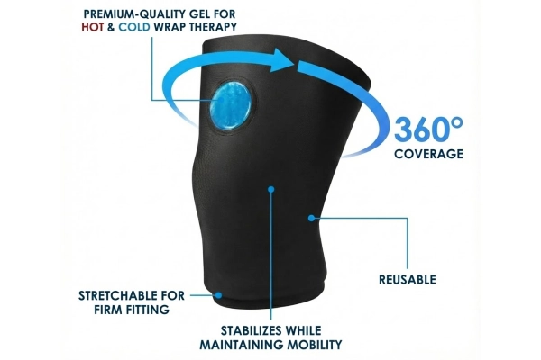 360-view knee ice pack sleeve showing gel insert and structural features
