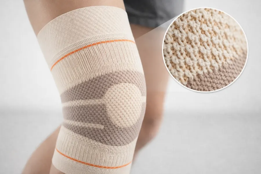 Knee compression sleeve fabric close-up showing high-density knitting and compression zones