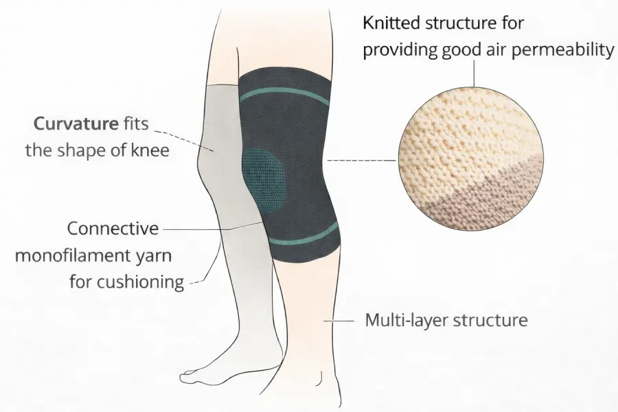 Knee compression sleeve pattern showing anatomical curvature, multilayer knitted structure and cushioning zones