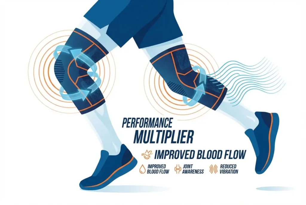 Knee compression sleeves on athlete running, illustrating performance support and faster recovery