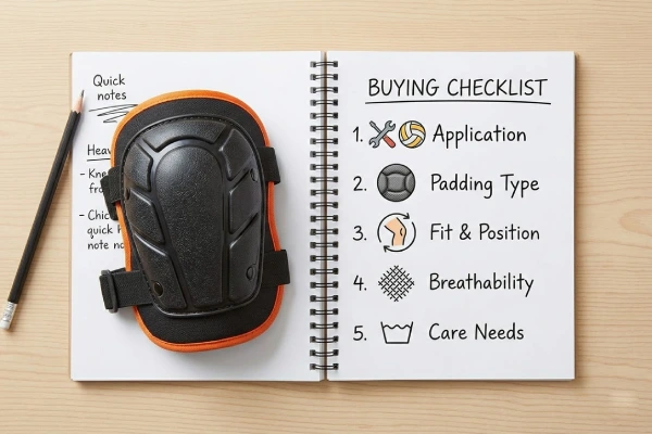 Knee pads buying guide checklist next to a gel-injected knee protector
