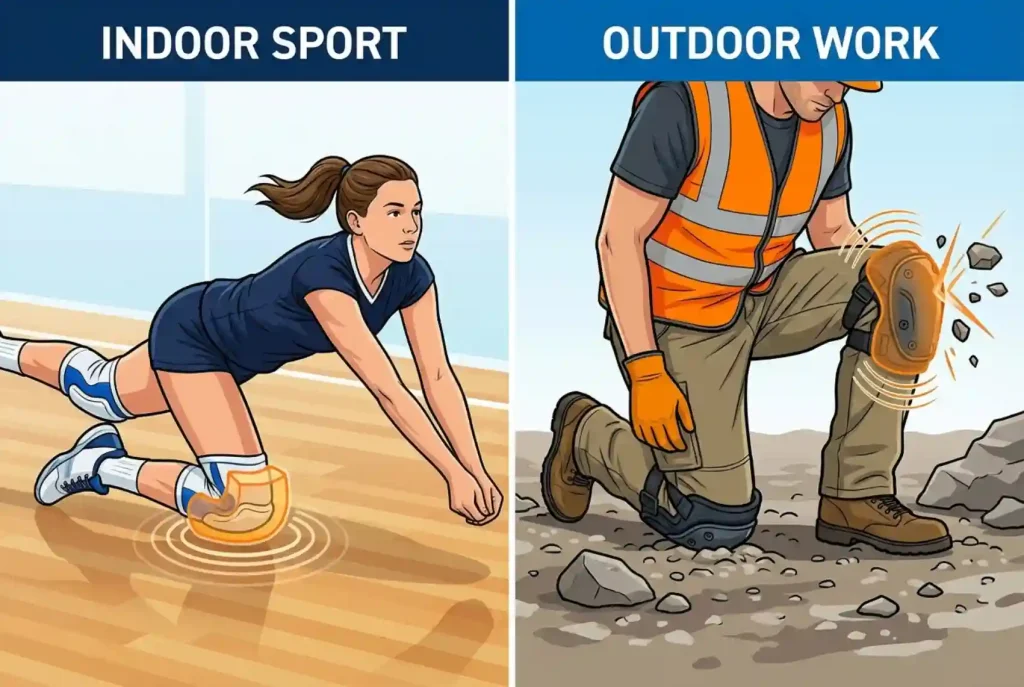 Knee pads protecting volleyball player and worker from hard floor and rough ground impacts