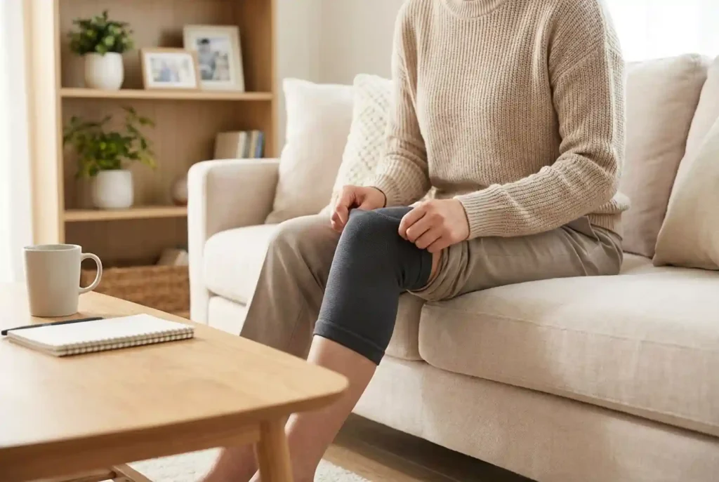 Knee sleeve being removed during a rest break after daily activity