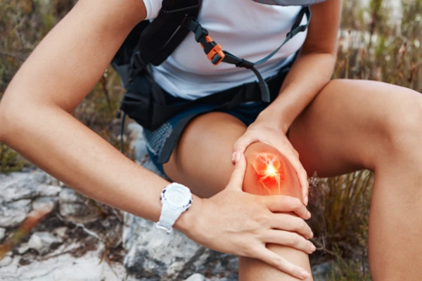Hiker holding painful knee to illustrate use of knee sleeves for swelling arthritis and everyday pain relief