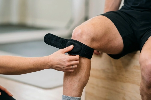 Knee strap, instructional view with a hand positioning the band precisely below the center of the patella