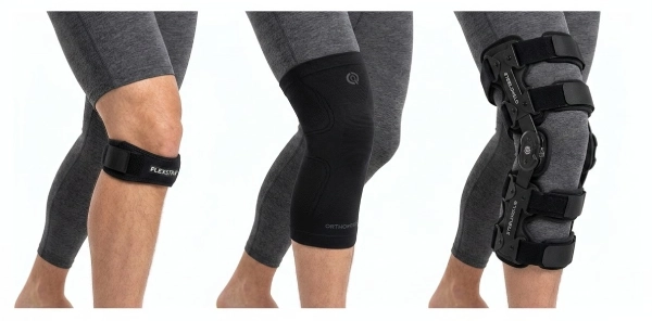 Knee strap, knee sleeve, and structured hinged brace compared side-by-side on light gray background