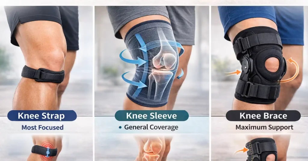 Knee strap knee sleeve knee brace comparison showing focused, general, and structured knee support