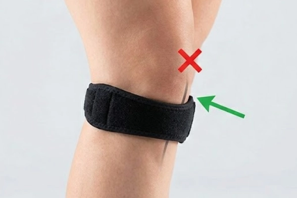 Knee strap, positioning guide with markers contrasting correct placement with incorrect placement over the patella