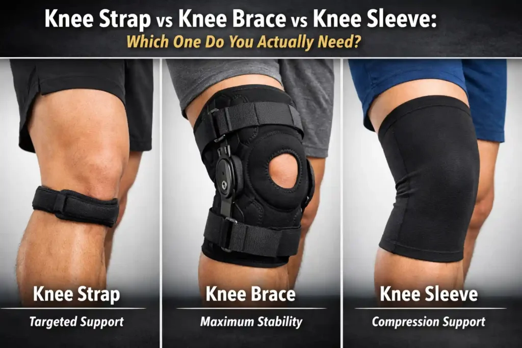 Knee strap vs knee brace vs knee sleeve comparison showing three types of knee support