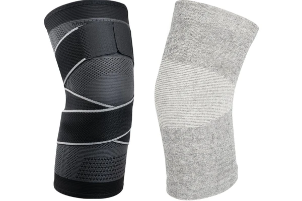 Two different knitted protective gear materials showing texture and compression design for custom knee support