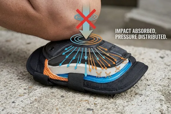 Macro diagram illustrating how a multi-layer gel knee pad absorbs impact and distributes pressure
