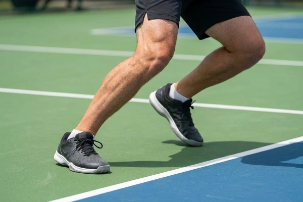 Male player demonstrating pickleball knee sleeve stabilizing a lunge movement