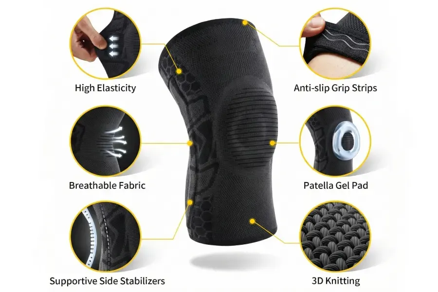 Advanced knee brace materials showing breathable fabric patella gel pad stabilizers and 3D knitting