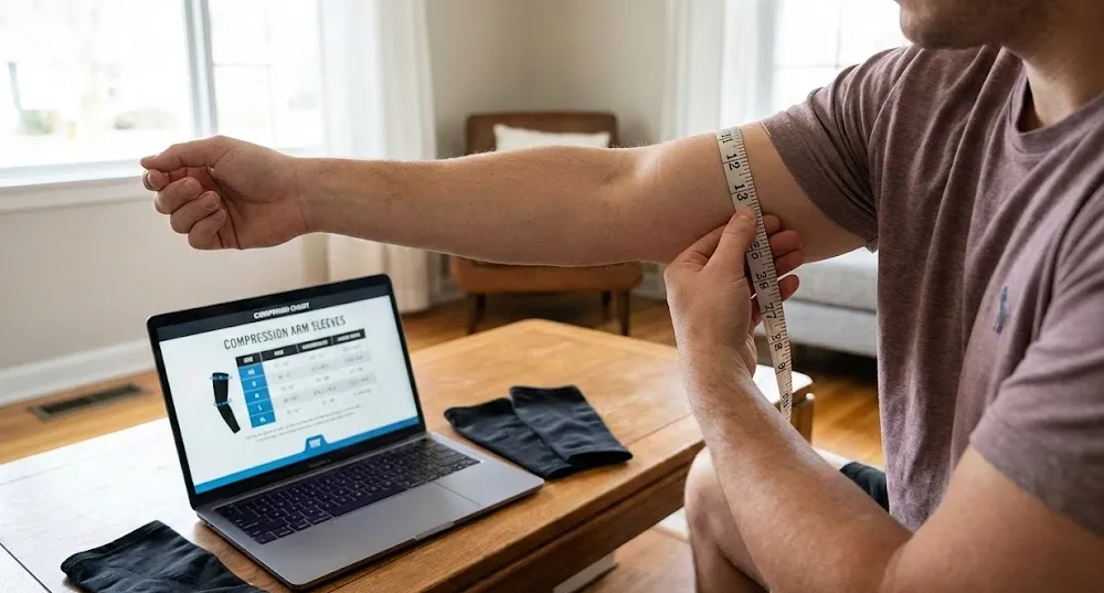 Step by step guide showing how to put on an arm sleeve for elbow pain correctly