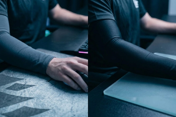 Nylon gaming sleeve (on cloth pad) compared with polyester sleeve (on glass)