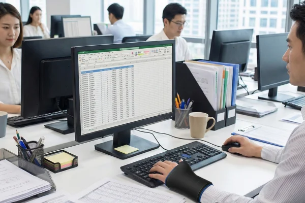Office workers using Wrist Ice Pack Wrap to reduce wrist fatigue from daily computer work