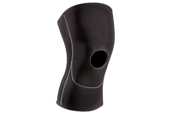 Black neoprene open patella knee sleeve with exposed stitching for support and compression