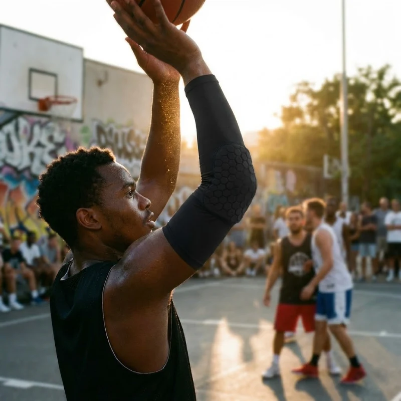 Padded elbow sleeve basketball player shooting outdoors with padded elbow protection