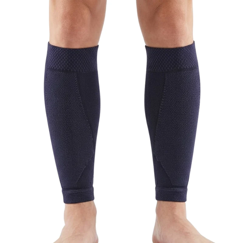 Pair of navy blue knit compression calf support sleeves for everyday wear