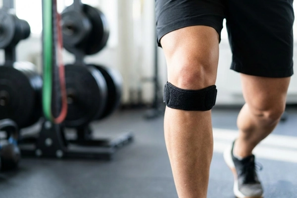 Patella knee strap correct placement on knee while walking in gym