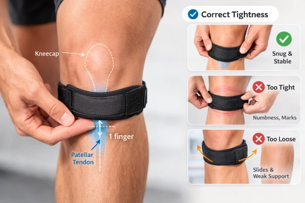 Patella knee strap fit check showing correct snug tension with one finger