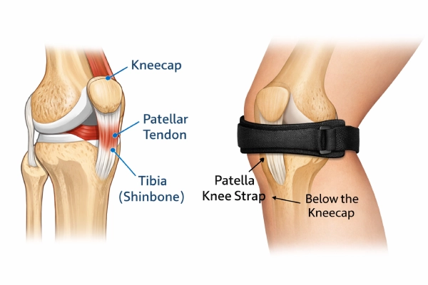 Patella knee strap placement over the patellar tendon below the kneecap