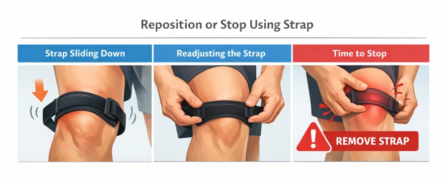 Patella knee strap readjustment after slipping and removal for irritation